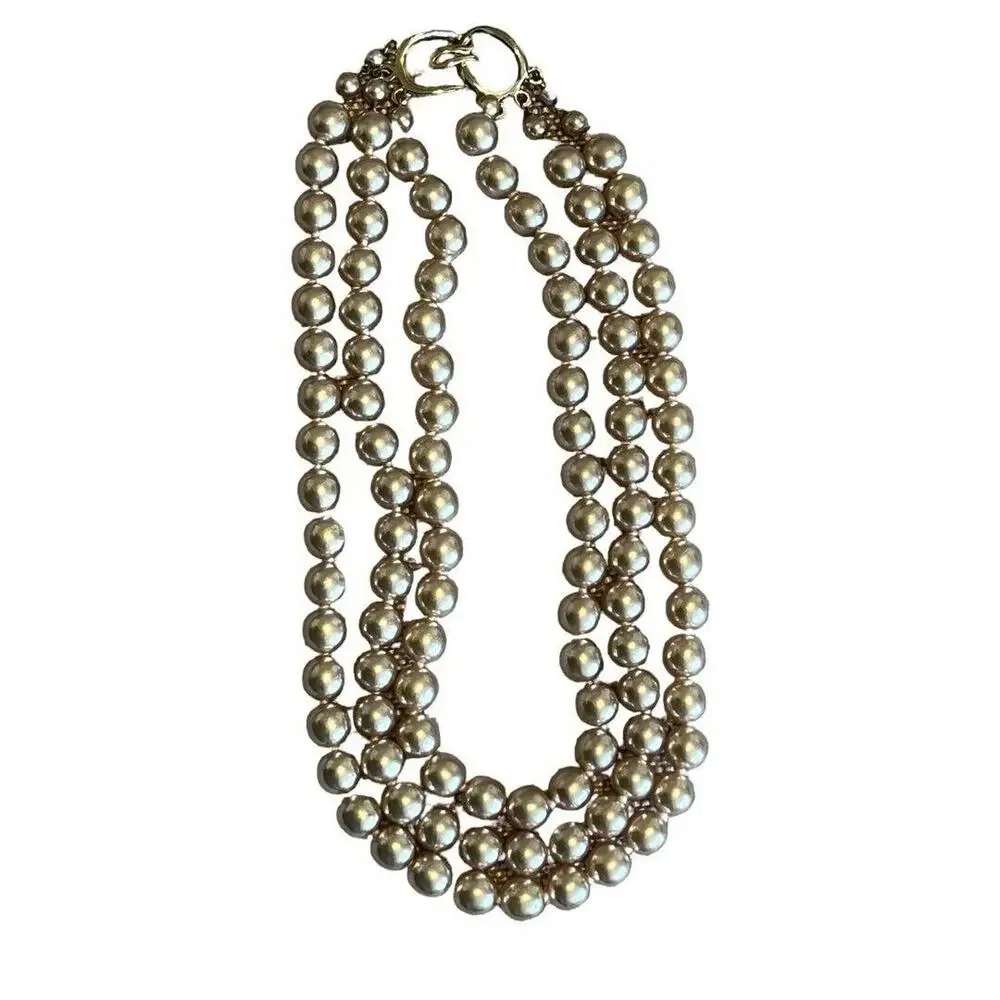 Vintage 3 Strand Faux Pearl Gold Tone Necklace Knotted 16